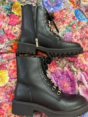 GUESS Black Lace-Up Combat Boots with Gold Eyelets